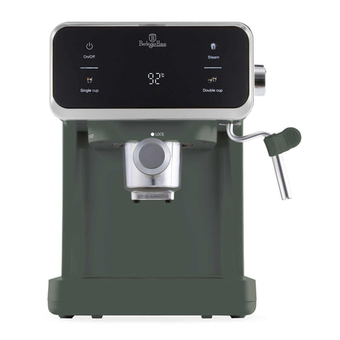 Product image of Digital espresso coffee maker 3in1. Part of the Matte Green Collection . Features: • Material: stainless steel, plastic • Power: 950 W • Voltage: 220-240V 50/60 Hz • 1L water tank • 1 and 2 cup filter • 2 in 1 plastic spoon with t.... (Studio view). Official Berlinger Haus product, boosted by Promintra sl.
