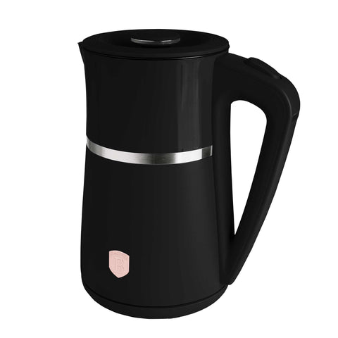 Product image of Double wall kettle. Part of the Black Rose Collection . Features: • Material: 18/10 stainless steel inside, plastic outside • Capacity: 1,7L • Voltage: 220-240V,50/60Hz • Power: 1850-2200 W • Size: 21,6*15,5*26,2 .... (Studio view). Official Berlinger Haus product, boosted by Promintra sl.