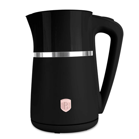 Product image of Double wall kettle. Part of the Black Rose Collection . Features: • Material: 18/10 stainless steel inside, plastic outside • Capacity: 1,7L • Voltage: 220-240V,50/60Hz • Power: 1850-2200 W • Size: 21,6*15,5*26,2 .... (Studio view). Official Berlinger Haus product, boosted by Promintra sl.