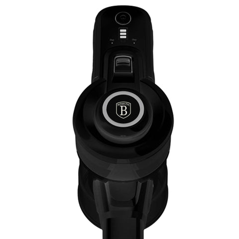 Product image of Vacuum cleaner. Part of the Black Vantage Collection/Matte Black Collection/Black Silver Collection . Features: • Voltage: 22,2 V (Li-ION battery) • 165 W • 12Kpa powerful suction • Accessories: • 2 in 1 brush with LED ligths • Long crevice tool • Sofa brush .... (Studio view). Official Berlinger Haus product, boosted by Promintra sl.