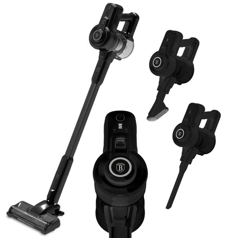 Product image of Vacuum cleaner. Part of the Black Vantage Collection/Matte Black Collection/Black Silver Collection . Features: • Voltage: 22,2 V (Li-ION battery) • 165 W • 12Kpa powerful suction • Accessories: • 2 in 1 brush with LED ligths • Long crevice tool • Sofa brush .... (Studio view). Official Berlinger Haus product, boosted by Promintra sl.