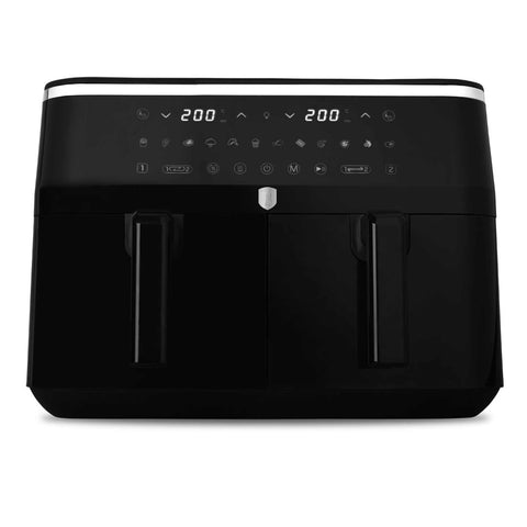 Product image of Dual basket air fryer 4,5+4,5L with visible windows. Part of the Black Rose Collection . Features: • Power: 220-240V ~ 50-60Hz 2600-3100W • Temperature control: 60-200℃ • XXXL SIZE: Capacity: 9L=4,5L+4,5L • Non-stick oil tray and food basket - di.... (Studio view). Official Berlinger Haus product, boosted by Promintra sl.