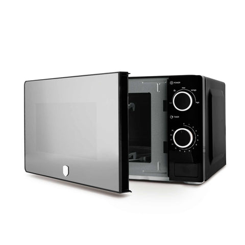 Product image of Mechanical microwave oven 20L. Part of the Black Vantage Collection/Matte Black Collection/Black Silver Collection . Features: • Input power: 1100W • Output power: 700W • Capacity: 20L • Glass plate: Ø24,5 cm • Size: 24,2*44,5*32,5 cm • Length of power cord: 85 cm • Color: .... (Studio view). Official Berlinger Haus product, boosted by Promintra sl.
