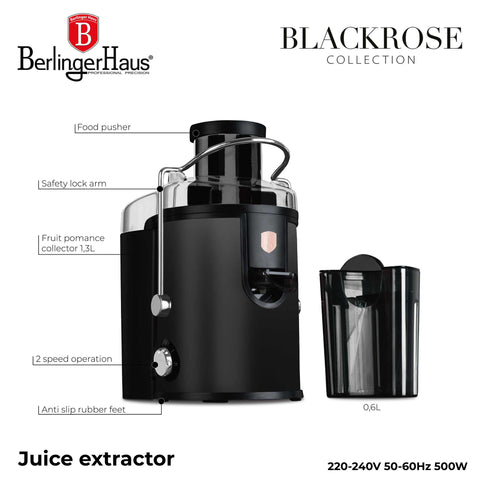Product image of Juice extractor. Part of the Black Rose Collection . Features: • Material: stainless steel body, stainless steel filter • Capacity: 600 ml juice cup, 1300 ml pulp cup • 220-240V 50-60Hz 500W • Length of power c.... (Studio view). Official Berlinger Haus product, boosted by Promintra sl.