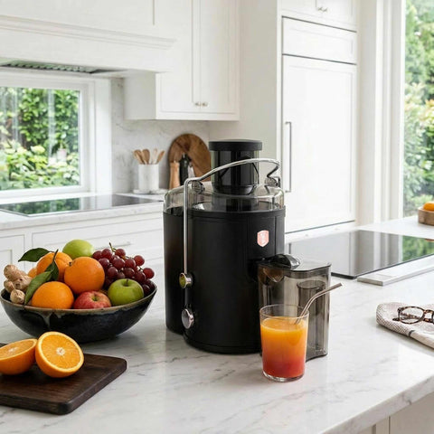 Product image of Juice extractor. Part of the Black Rose Collection . Features: • Material: stainless steel body, stainless steel filter • Capacity: 600 ml juice cup, 1300 ml pulp cup • 220-240V 50-60Hz 500W • Length of power c.... (Studio view). Official Berlinger Haus product, boosted by Promintra sl.