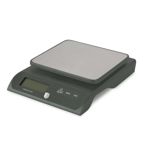 Product image of Digital kitchen scale capacity 6kg. Part of the Matte Green Collection . Features: • Material: stainless steel and plastic • Capacity: 6 kg • Size: 18,8*15*4,2 cm • Weight unit: g/oz/ml/lb • 2 pcs AAA battery included • Color: green. (Studio view). Official Berlinger Haus product, boosted by Promintra sl.