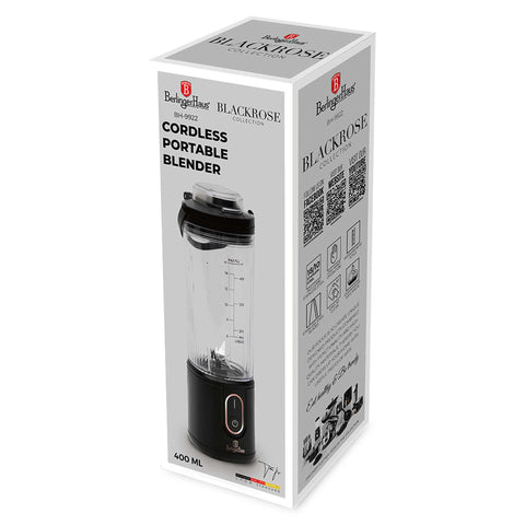 Product image of Cordless portable blender. Part of the Black Rose Collection . Features: • Material: stainless steel, plastic • Power: 110 W • Capacity: 400 ml • Rechargeable battery: 2000mAh, 7,4 V • Charging time: 3 hours • Accessorie.... (Studio view). Official Berlinger Haus product, boosted by Promintra sl.