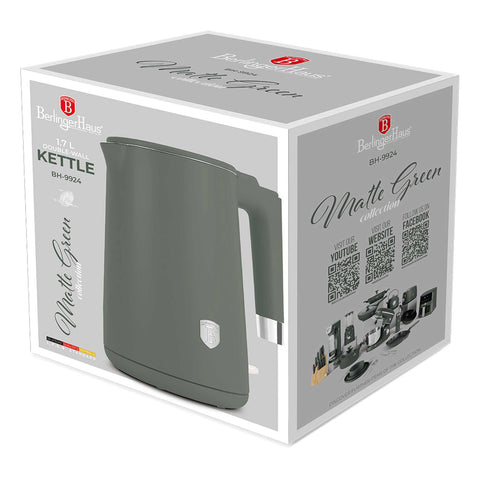 Imagem do produto: Chaleira elétrica de parede dupla. Parte da Coleção Verde Fosco. Características: • Material: aço inoxidável 18/10 no interior, plástico no exterior • Capacidade: 1,7L • Voltagem: 220-240V, 50/60Hz • Potência: 1800 W • Comprimento do cabo de alimentação: 75 cm. (Vista de estúdio). Produto oficial Berlinger Haus, com o apoio da Promintra sl.