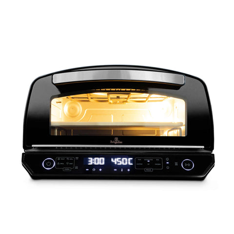 Imatge del producte del forn de pizza. Part de la col·lecció Black Rose. Característiques: • 220-240V, 50/60Hz, 2200 W • Capacitat: cap a una pizza de fins a 33 cm • Mida: 49,5*45,5*27,6 cm • Pes: 19 kg • 3 accessoris: • Placa de graella • 33 cm. Producte oficial de Berlinger, impulsat per Promintra sl.