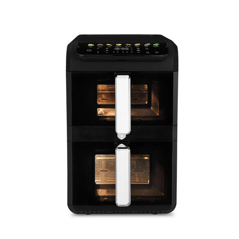 Product image of Dual basket air fryer 4+6L with visible windows. Part of the Black Vantage Collection/Matte Black Collection/Black Silver Collection . Features: • Power: 220-240V ~ 50-60Hz 2700W • Temperature control: 80-200℃ • XXXL SIZE: Capacity: 10L=4L+6L • Non-stick oil tray and food basket - dishwasher.... (Studio view). Official Berlinger Haus product, boosted by Promintra sl.