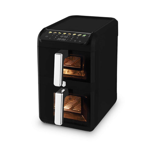 Product image of Dual basket air fryer 4+6L with visible windows. Part of the Black Vantage Collection/Matte Black Collection/Black Silver Collection . Features: • Power: 220-240V ~ 50-60Hz 2700W • Temperature control: 80-200℃ • XXXL SIZE: Capacity: 10L=4L+6L • Non-stick oil tray and food basket - dishwasher.... (Studio view). Official Berlinger Haus product, boosted by Promintra sl.