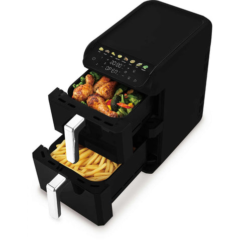 Product image of Dual basket air fryer 4+6L with visible windows. Part of the Black Vantage Collection/Matte Black Collection/Black Silver Collection . Features: • Power: 220-240V ~ 50-60Hz 2700W • Temperature control: 80-200℃ • XXXL SIZE: Capacity: 10L=4L+6L • Non-stick oil tray and food basket - dishwasher.... (Studio view). Official Berlinger Haus product, boosted by Promintra sl.
