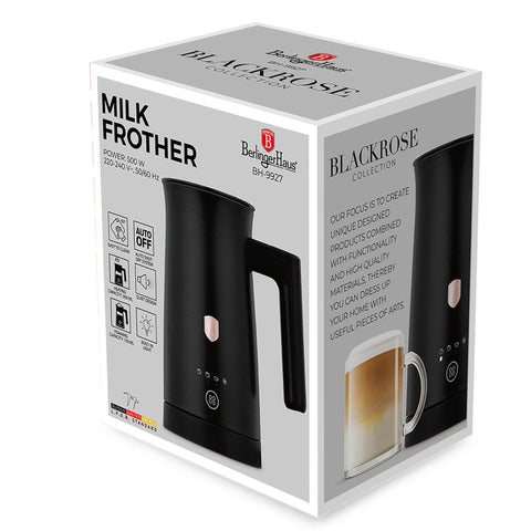 Product image of 4in1 milk frother. Part of the Black Rose Collection . Features: • Material: stainless steel, plastic • Capacity for heating: 300 ml • Capacity for foaming: 150 ml • Voltage: 220-240V, 50/60Hz • Power: 500W • Mag.... (Studio view). Official Berlinger Haus product, boosted by Promintra sl.