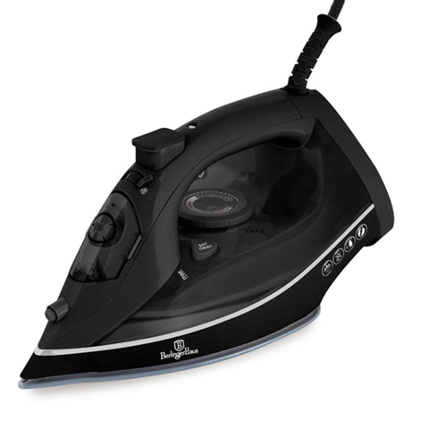Product image of Iron. Part of the Black Vantage Collection/Matte Black Collection/Black Silver Collection . Features: • 220-240V, 50/60Hz, 2200 W • Functions: Dry/Steam/Burst/Spray/Self clean • Water tank capacity: 300 ml • Soleplate size: 22.4*12.3 cm • Length of .... (Studio view). Official Berlinger Haus product, boosted by Promintra sl.