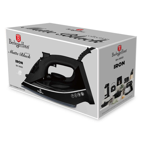 Product image of Iron. Part of the Black Vantage Collection/Matte Black Collection/Black Silver Collection . Features: • 220-240V, 50/60Hz, 2200 W • Functions: Dry/Steam/Burst/Spray/Self clean • Water tank capacity: 300 ml • Soleplate size: 22.4*12.3 cm • Length of .... (Studio view). Official Berlinger Haus product, boosted by Promintra sl.
