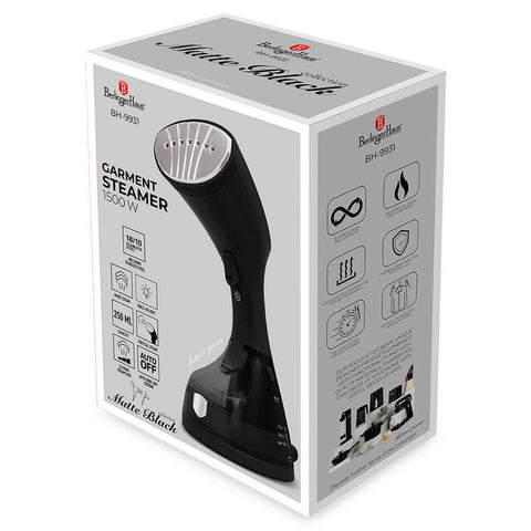 Product image of Garment steamer. Part of the Black Vantage Collection/Matte Black Collection/Black Silver Collection . Features: • 220-240V, 50/60Hz, 1500 W • Stainless steel soleplate • Removable water tank capacity: 250 ml • Accessory: fabric brush • Length of power cord: 1.... (Giftbox view). Official Berlinger Haus product, boosted by Promintra sl.