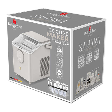 Product image of Ice cube maker. Part of the Sahara Collection . Features: • Power: 120W • Voltage: 220-240V, 50/60Hz • 0,8L water tank • Accessories: • Ice scoop • Ice basket • Length of power cord: 1,2 m • Color: cream. (Studio view). Official Berlinger Haus product, boosted by Promintra sl.