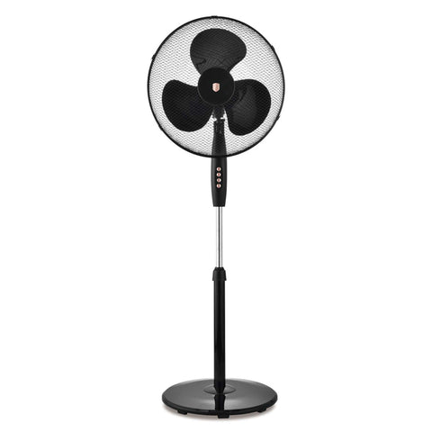 Product image of Standing fan. Part of the Black Rose Collection . Features: • Fan guard: Ø43 cm • Voltage: 220-240V, 50/60 Hz • Power: 45W • Height: 120 cm • Length of power cord: 1,5 m • Color: black- rose gold. (Studio view). Official Berlinger Haus product, boosted by Promintra sl.