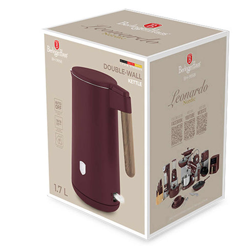 Imatge del producte de bullidor de doble paret. Part de la col·lecció Leonardo Nordic. Característiques: • Material: acer inoxidable 18/10 a l'interior, plàstic a l'exterior • Capacitat: 1,7L • Voltatge: 220-240V, 50/60Hz • Potència: 2200 W • Mida: 23*16*25 cm • Longitud... (Vista d'estudi). Producte oficial de Berlinger, impulsat per Promintra sl.