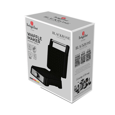 Imagem do produto: Máquina de waffles tamanho belga. Parte da Coleção Black Rose. Características: • Potência: 1600W • Voltagem: 220-240V, 50/60Hz • Tamanho da placa: 20*17 cm • Revestimento antiaderente na placa • Dimensões: 26,1*22*11,2 cm • Comprimento do cabo de alimentação: 80 cm .... (Vista de estúdio). Produto oficial Berlinger Haus, com o apoio da Promintra sl.