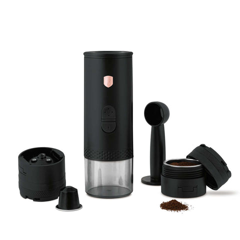Product image of Rechargeable portable espresso coffee maker 2in1. Part of the Black Rose Collection . Features: • Material: stainless steel, plastic • Power: 120 W • Rechargeable battery: 3 x 2600 mAh • Charging time: 3-4 hours • 100 ml water tank • Accessori.... (Studio view). Official Berlinger Haus product, boosted by Promintra sl.