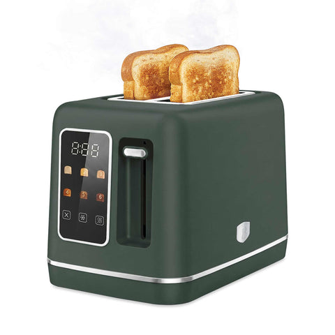 Product image of Digital toaster. Part of the Matte Green Collection . Features: • Material: stainless steel with plastic housing • 220-240V 50/60 Hz 750W • Size: 25,9*16,9*17,8 cm • Length of power cord: 75 cm • Color: matt green. (Conceptual view). Official Berlinger Haus product, boosted by Promintra sl.