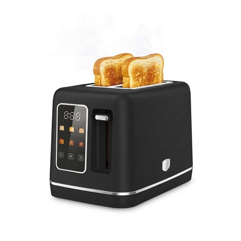 Product image of Digital toaster. Part of the Black Vantage Collection/Matte Black Collection/Black Silver Collection . Features: • Material: stainless steel with plastic housing • 220-240V 50/60 Hz 750W • Size: 25,9*16,9*17,8 cm • Length of power cord: 75 cm • Color: matt black. (Conceptual view). Official Berlinger Haus product, boosted by Promintra sl.
