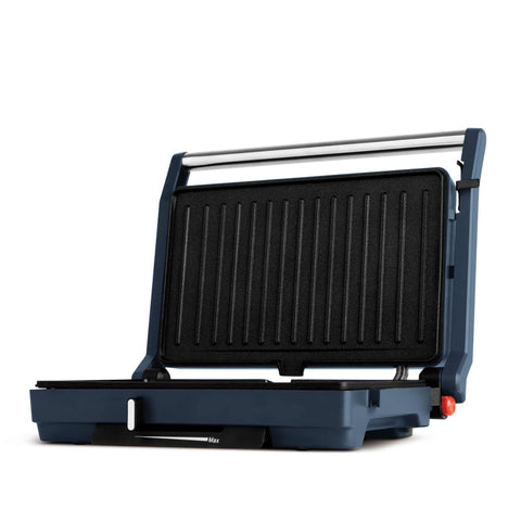 Product image of Electric grill with glass panel. Part of the Deep Sea Collection . Features: • Material: aluminium, glass, plastic • Power: 1600 W • Voltage: 220-240 V, 50/60Hz • Plate size: 27,5*17 cm • NON-STICK coating • Length of power .... (Studio view). Official Berlinger Haus product, boosted by Promintra sl.
