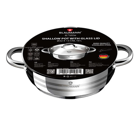 Imatge del producte de Cassola baixa amb tapa de 32 cm. Part de la línia Blaumann/Gourmet. Característiques: • Cassola baixa amb tapa de vidre • Material: acer inoxidable • Mida: Ø32*13 cm • Volum: 10 l. (Vista de la caixa de regal). Producte oficial de Berlinger, impulsat per Promintra sl.