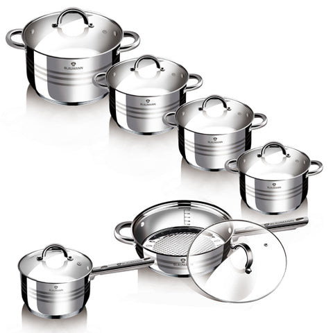 Product image of 12pcs cookware set. Part of the Blaumann/Gourmet Line . Features: • 12 pcs JUMBO cookware set with lid • Material: stainless steel • Include: • Saucepan with lid 16*10,5 cm, 2,1 L • Casserole with lid Ø16*10,5 cm,.... (Studio view). Official Berlinger Haus product, boosted by Promintra sl.