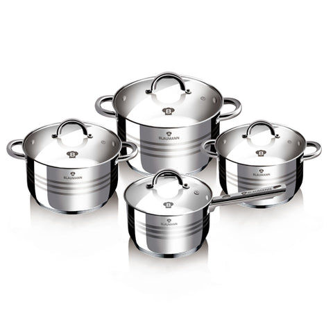 Product image of 8pcs cookware set. Part of the Blaumann/Gourmet Line . Features: • Material: stainless steel • Include: • Casserole with lid Ø24*14,5 cm 6,5 L • Casserole with lid Ø20*12,5 cm 3,9 L • Casserole with lid Ø18*11,5 .... (Studio view). Official Berlinger Haus product, boosted by Promintra sl.