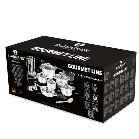 Product image of 27pcs cookware set. Part of the Blaumann/Gourmet Line . Features: • Material: stainless steel • Include: • Casserole with lid Ø24*13,5 cm 6,1 L • Casserole with lid Ø20*11,5 cm 3,6 L • Casserole with lid Ø18*10,5 .... (Giftbox view). Official Berlinger Haus product, boosted by Promintra sl.