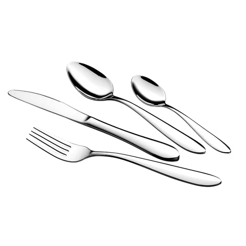 Product image of 24pcs cutlery set mirror. Part of the Blaumann/ Cutlery sets . Features: • Material: stainless steel, MIRROR finish • Include: • Knives 6 pcs 5,0 mm • Spoon 6 pcs 2,0 mm • Fork 6 pcs 2,0 mm • Tea spoon 6 pcs 1,9 mm. (Studio view). Official Berlinger Haus product, boosted by Promintra sl.