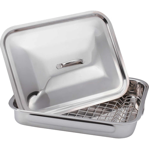 Product image of Roaster pan set with grill and cover. Part of the Blaumann/kitchen accessories . Features: • Material: stainless steel • Size: 37*27,5*6 cm. (Studio view). Official Berlinger Haus product, boosted by Promintra sl.