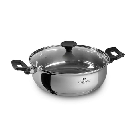 Product image of Shallow pot with lid 24cm. Part of the Blaumann/Gourmet Line . Features: • Shallow pot with glass lid, pp knob and handles • Material: stainless steel • Size: Ø24*8 cm • Volume: 3,2 l. (Studio view). Official Berlinger Haus product, boosted by Promintra sl.