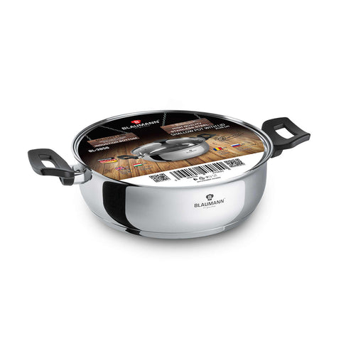 Product image of Shallow pot with lid 24cm. Part of the Blaumann/Gourmet Line . Features: • Shallow pot with glass lid, pp knob and handles • Material: stainless steel • Size: Ø24*8 cm • Volume: 3,2 l. (Studio view). Official Berlinger Haus product, boosted by Promintra sl.