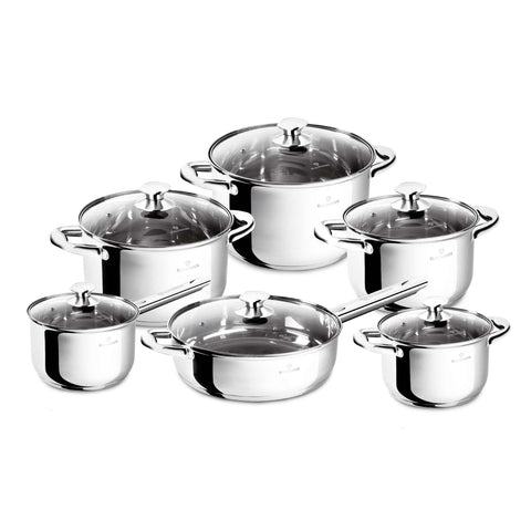 Product image of 12pcs cookware set. Part of the Blaumann/Gourmet Line . Features: • Material: stainless steel • Include: • Saucepan with lid 16*10,5 cm, 2,1 L • Casserole with lid Ø16*10,5 cm, 2,1 L • Casserole with lid Ø18*11,5 .... (Studio view). Official Berlinger Haus product, boosted by Promintra sl.