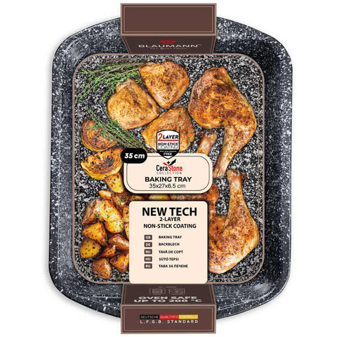 Product image of Oblong roaster 35x27cm. Part of the Blaumann/Cera Stone Collection . Features: • Material: carbon steel with non-stick coating • Size: 35*27*6,5 cm • Color: bronze. (Studio view). Official Berlinger Haus product, boosted by Promintra sl.