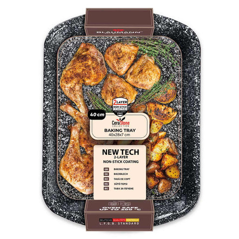 Product image of Oblong roaster 40x28cm. Part of the Blaumann/Cera Stone Collection . Features: • Material: carbon steel with non-stick coating • Size: 40*28*7 cm • Color: bronze. (Studio view). Official Berlinger Haus product, boosted by Promintra sl.