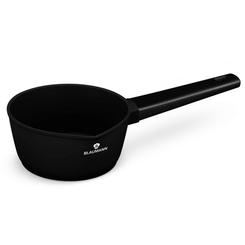 Product image of Sauce pan 16cm. Part of the Blaumann/Black Silver Collection . Features: • Material: forged aluminum with 3 layer black titan non-stick coating • Sauce pan Ø16 cm • Color: matt black. (Studio view). Official Berlinger Haus product, boosted by Promintra sl.