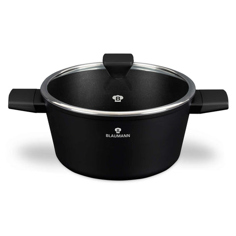 Product image of Casserole with lid 28cm. Part of the Blaumann/Black Silver Collection . Features: • Material: forged aluminum with 3 layer black titan non-stick coating • Casserole with lid Ø28 cm • Color: matt black. (Studio view). Official Berlinger Haus product, boosted by Promintra sl.