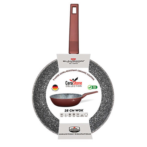 Imatge del producte Wok de 28 cm. Forma part de la col·lecció Blaumann/Cera Stone. Característiques: • Material: alumini forjat • Wok de Ø28*8 cm 3,8L • Color: bronze. (Vista de la caixa de regal). Producte oficial de Berlinger, impulsat per Promintra sl.