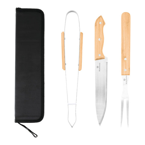 Product image of 4pcs BBQ tool set. Part of the outdoor . Features: • Material: stainless steel, bamboo, nylon • Includes: • Fork 32,5 cm • Tong 34 cm • Knife 33 cm • Bag with a zip closure 35,5*8,5*4 cm. (Studio view). Official Berlinger Haus product, boosted by Promintra sl.