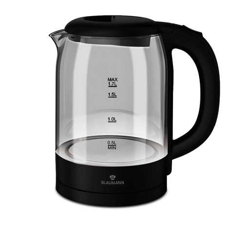 Product image of Electric glass kettle. Part of the Blaumann/Black Silver Collection . Features: • Material: borosilicate glass and plastic • Capacity: 1,7L • Voltage: 220-240V, 50/60Hz • Power: 2200W • Length of power cord: 65-70 cm • Color: b.... (Studio view). Official Berlinger Haus product, boosted by Promintra sl.