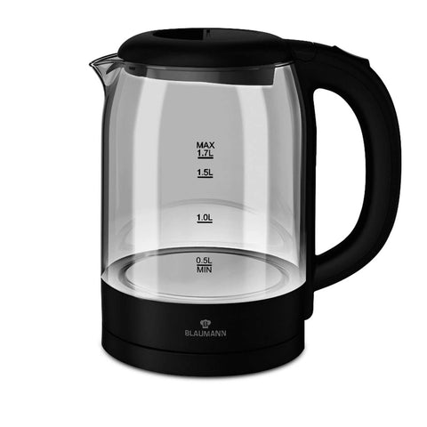 Product image of Electric glass kettle. Part of the Blaumann/Black Silver Collection . Features: • Material: borosilicate glass and plastic • Capacity: 1,7L • Voltage: 220-240V, 50/60Hz • Power: 2200W • Length of power cord: 65-70 cm • Color: b.... (Studio view). Official Berlinger Haus product, boosted by Promintra sl.
