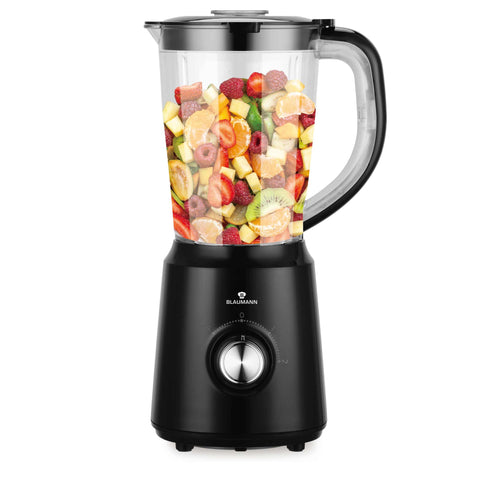 Product image of Table blender. Part of the Blaumann/Black Silver Collection . Features: • Material: plastic, stainless steel • Power: 500 W • Voltage: 220-240V, 50-60 Hz • 1,5 L plastic jar • Color: black- silver. (Studio view). Official Berlinger Haus product, boosted by Promintra sl.