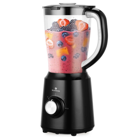 Product image of Table blender. Part of the Blaumann/Black Silver Collection . Features: • Material: plastic, stainless steel • Power: 500 W • Voltage: 220-240V, 50-60 Hz • 1,5 L plastic jar • Color: black- silver. (Studio view). Official Berlinger Haus product, boosted by Promintra sl.