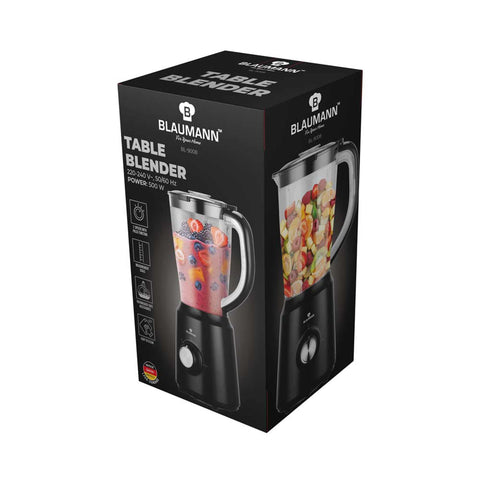 Product image of Table blender. Part of the Blaumann/Black Silver Collection . Features: • Material: plastic, stainless steel • Power: 500 W • Voltage: 220-240V, 50-60 Hz • 1,5 L plastic jar • Color: black- silver. (Studio view). Official Berlinger Haus product, boosted by Promintra sl.