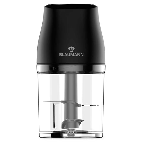 Product image of Chopper. Part of the Blaumann/Black Silver Collection . Features: • Material: stainless steel, plastic • Power: 250 W • Voltage: 220-240 V 50-60 Hz • Capacity: 0,5L • Color: black. (Studio view). Official Berlinger Haus product, boosted by Promintra sl.