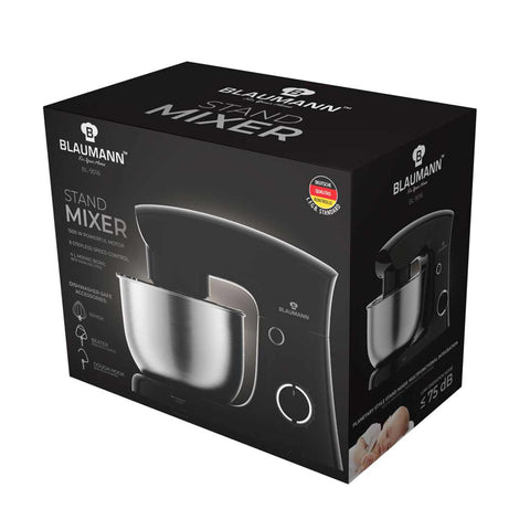 Imatge del producte de robot de cuina. Part de la col·lecció Blaumann/Black Silver. Característiques: • Material: acer inoxidable, plàstic • 1500 W, 220-240V, 50/60 Hz • Inclou: • Bol d'acer inoxidable de 4L • Ganxo per a massa no estètic • Batedora no estètica • .... (Vista d'estudi). Producte oficial de Berlinger, impulsat per Promintra sl.